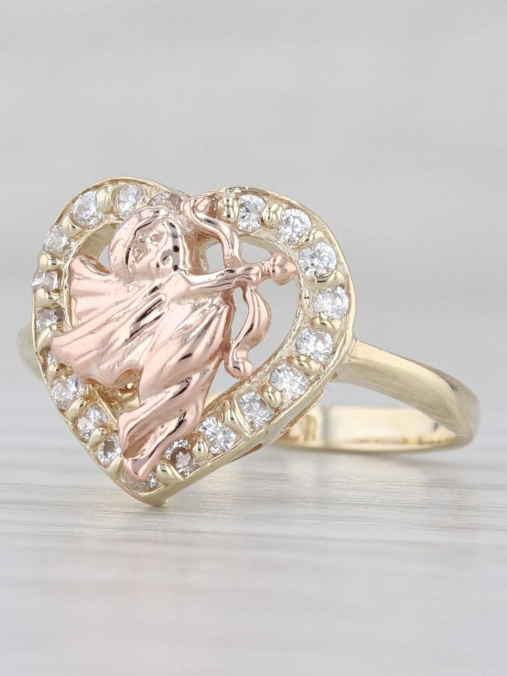 0.30ctw Cubic Zirconia Heart Cupid Ring 10k Yellow Rose Gold Size 6.75